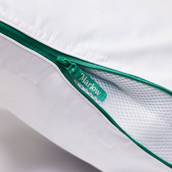  Detail shot of the adjustable zipper on our Marlow Pillow.
